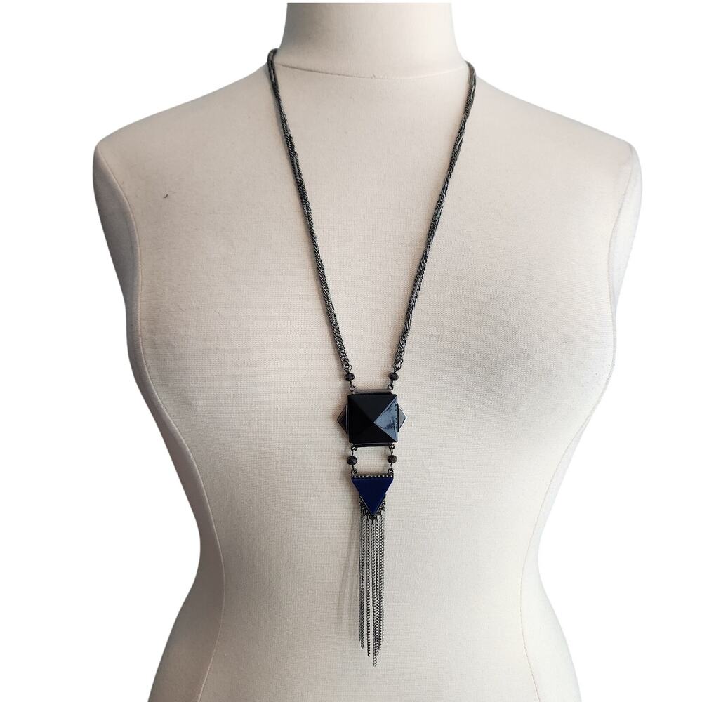 Express Gunmetal Multi-Strand Geometric Pendant Necklace with Tassels